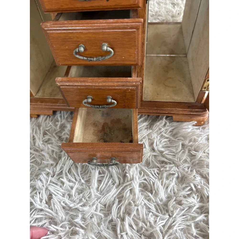 Vintage Wooden Jewelry Box Armoire Etched Glass Doors 4 Drawers Mirror Chest‎